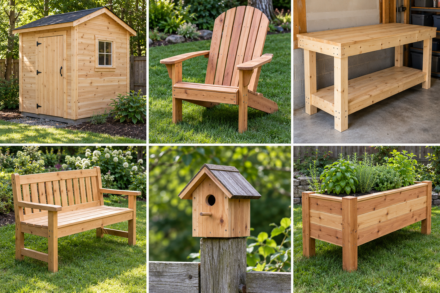 Woodworking project inspiration: shed, chair, workbench, bench, birdhouse and planter