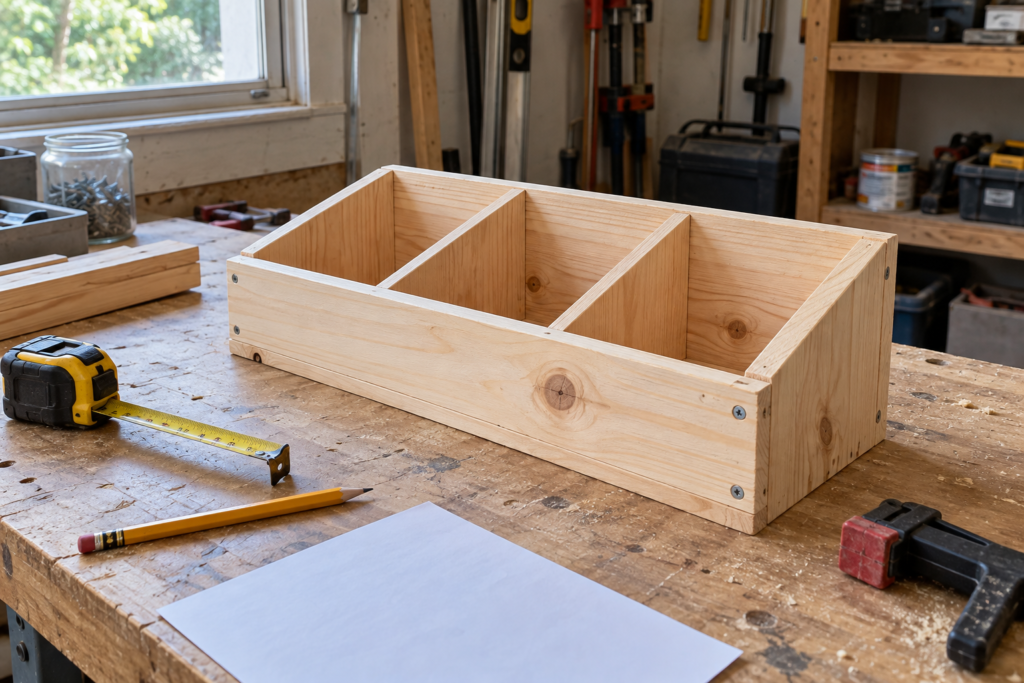 Simple three-compartment pine organizer on a garage workbench with a tape measure and pencil