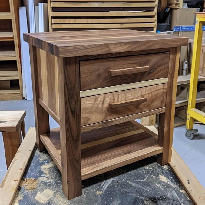 Walnut nightstand with two drawers and a lower shelf