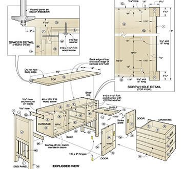 Exploded woodworking drawing showing numbered components and dimensions